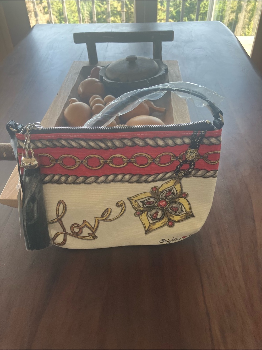 Brighton White and Red Canvas Wristlet with Gold Accents